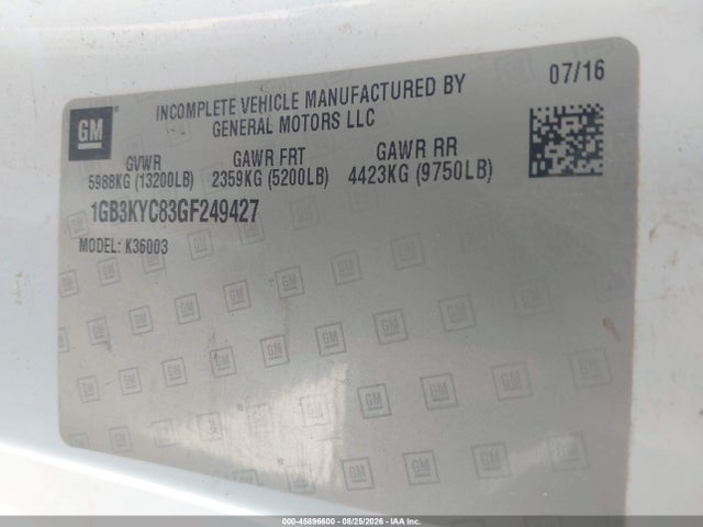 2016 Chevrolet Silverado 3500hd Chassis Wt მანქანა იყიდება აუქციონზე, vin: 1GB3KYC83GF249427, აუქციონის ნომერი: 45896600