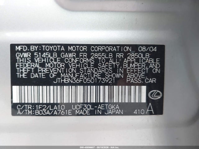 Aukcja sprzedaży 2005 Lexus Ls 430, vin: JTHBN36F050173921, numer aukcji: 45896607
