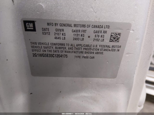 Aukcja sprzedaży 2012 Chevrolet Impala Lt, vin: 2G1WG5E35C1264175, numer aukcji: 45896611