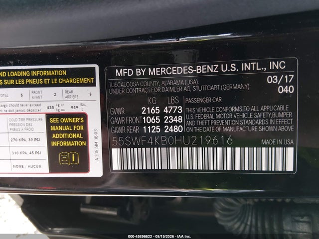 45896622 :رقم المزاد ، 55SWF4KB0HU219616 vin ، 2017 Mercedes-benz C 300 4matic مزاد بيع