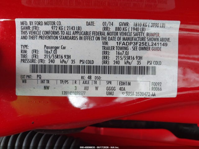2014 Ford Focus Se მანქანა იყიდება აუქციონზე, vin: 1FADP3F25EL241149, აუქციონის ნომერი: 45896635