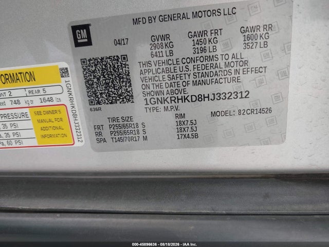 Продаж на аукціоні авто 2017 Chevrolet Traverse Lt, vin: 1GNKRHKD8HJ332312, номер лоту: 45896636