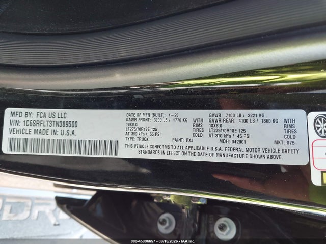 2026 Ram 1500 Rebel  4x4 5'7 Box მანქანა იყიდება აუქციონზე, vin: 1C6SRFLT3TN389500, აუქციონის ნომერი: 45896657