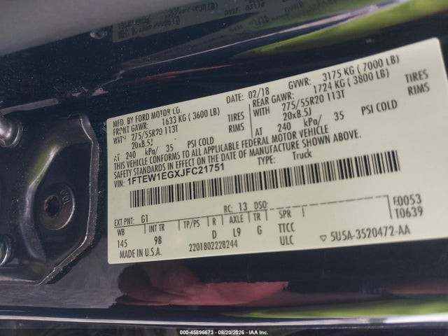 45896673 :رقم المزاد ، 1FTEW1EGXJFC21751 vin ، 2018 Ford F-150 Platinum مزاد بيع