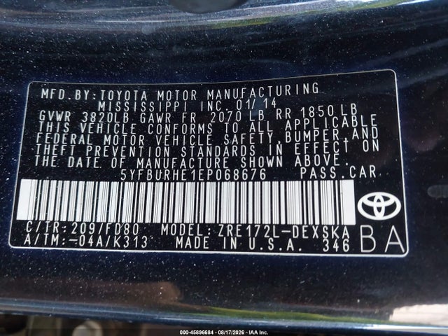 5YFBURHE1EP068676 Toyota Corolla S Plus