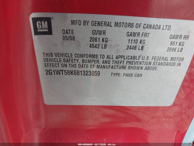 45896689 :رقم المزاد ، 2G1WT58K681323059 vin ، 2008 Chevrolet Impala Lt مزاد بيع