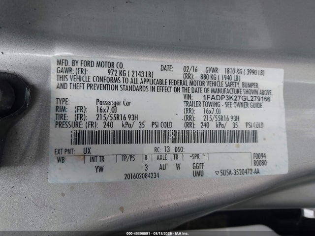 Aukcja sprzedaży 2016 Ford Focus Se, vin: 1FADP3K27GL279166, numer aukcji: 45896691
