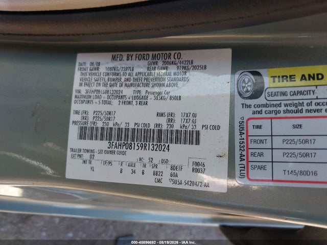 45896692 :رقم المزاد ، 3FAHP08159R132024 vin ، 2009 Ford Fusion Sel مزاد بيع