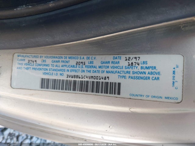 Продажа на аукционе авто 1998 Volkswagen New Beetle, vin: 3VWBB61C4WM001489, номер лота: 45896696