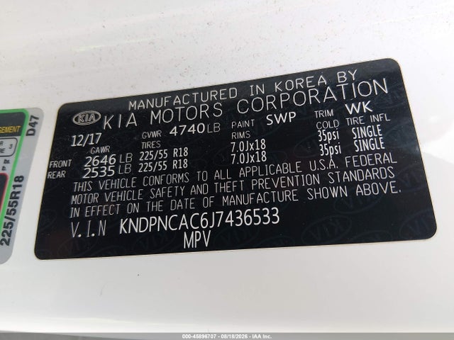 45896707 :رقم المزاد ، KNDPNCAC6J7436533 vin ، 2018 Kia Sportage Ex مزاد بيع