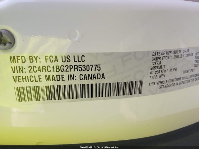 45896717 :رقم المزاد ، 2C4RC1BG2PR530775 vin ، 2023 Chrysler Pacifica Touring L مزاد بيع