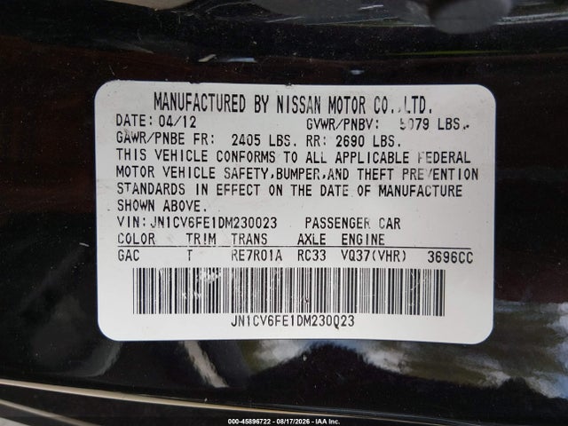 Продаж на аукціоні авто 2013 Infiniti Ipl G, vin: JN1CV6FE1DM230023, номер лоту: 45896722