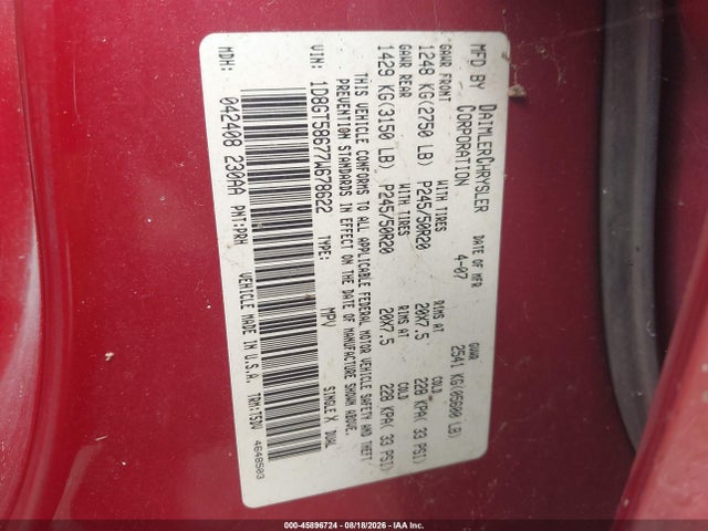 45896724 :رقم المزاد ، 1D8GT58677W678622 vin ، 2007 Dodge Nitro Slt/rt مزاد بيع