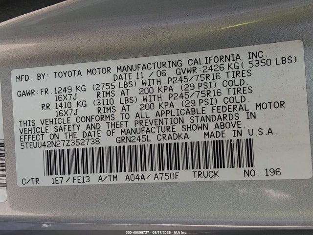 2007 Toyota Tacoma Base V6 მანქანა იყიდება აუქციონზე, vin: 5TEUU42N27Z352738, აუქციონის ნომერი: 45896727