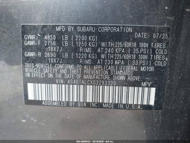 45896737 :رقم المزاد ، 4S4BTALCXS3293320 vin ، 2025 Subaru Outback Onyx Edition مزاد بيع