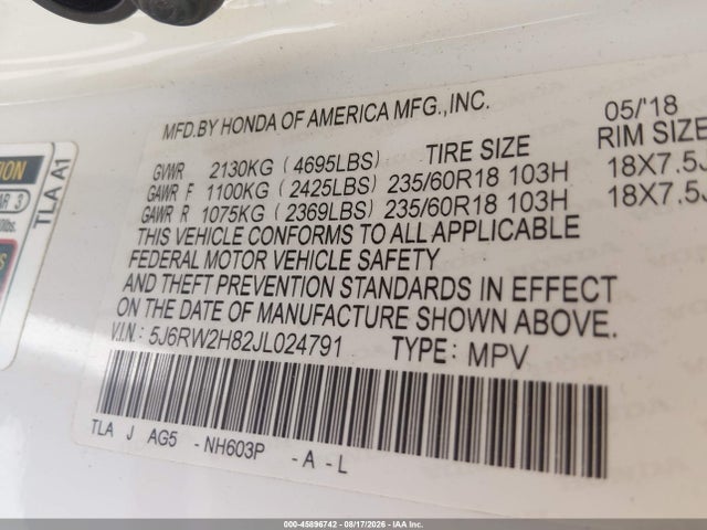 45896742 :رقم المزاد ، 5J6RW2H82JL024791 vin ، 2018 Honda Cr-v Ex-l/ex-l Navi مزاد بيع