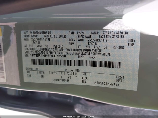 Aukcja sprzedaży 2024 Ford Ranger Xlt, vin: 1FTER4HH6RLE73510, numer aukcji: 45896743