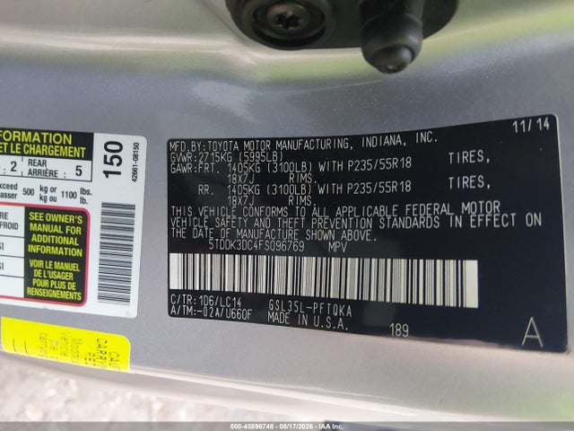 45896748 :رقم المزاد ، 5TDDK3DC4FS096769 vin ، 2015 Toyota Sienna Xle 7 Passenger مزاد بيع