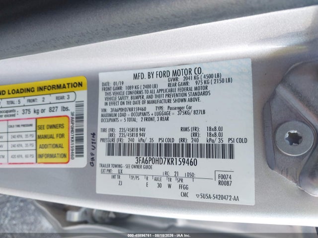 Ford FUSION SE 2019 3FA6P0HD7KR159460 Image 9