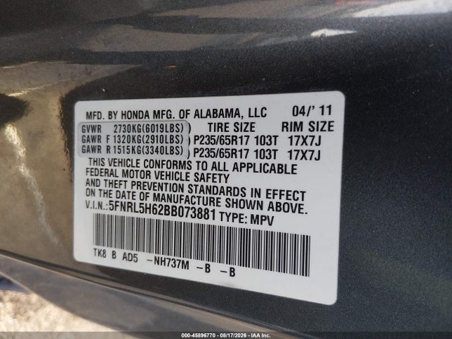 45896770 :رقم المزاد ، 5FNRL5H62BB073881 vin ، 2011 Honda Odyssey Ex-l مزاد بيع