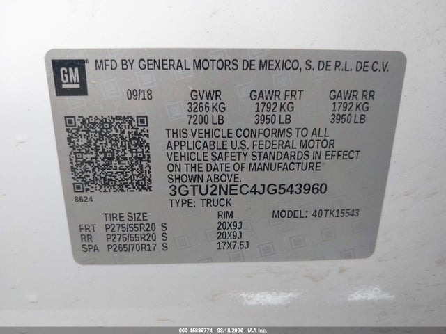 Продаж на аукціоні авто 2018 Gmc Sierra 1500 Slt, vin: 3GTU2NEC4JG543960, номер лоту: 45896774