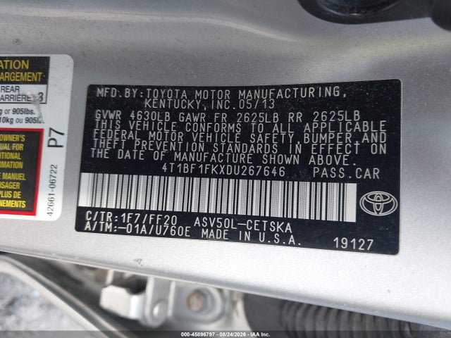 2013 Toyota Camry Se მანქანა იყიდება აუქციონზე, vin: 4T1BF1FKXDU267646, აუქციონის ნომერი: 45896797