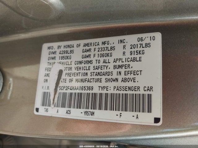 Aukcja sprzedaży 2010 Honda Accord 2.4 Lx-p, vin: 1HGCP2F4XAA165369, numer aukcji: 45896808