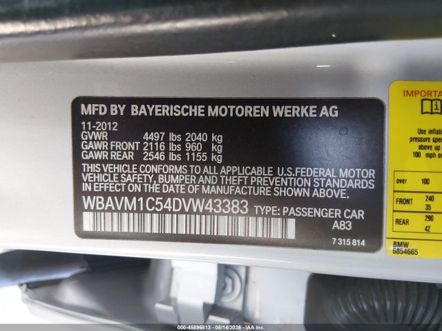 Продажа на аукционе авто 2013 Bmw X1 Sdrive28i, vin: WBAVM1C54DVW43383, номер лота: 45896813