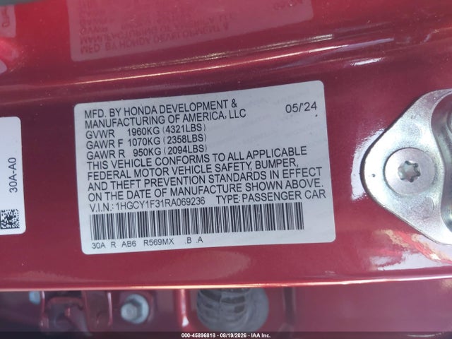 Aukcja sprzedaży 2024 Honda Accord Ex, vin: 1HGCY1F31RA069236, numer aukcji: 45896818