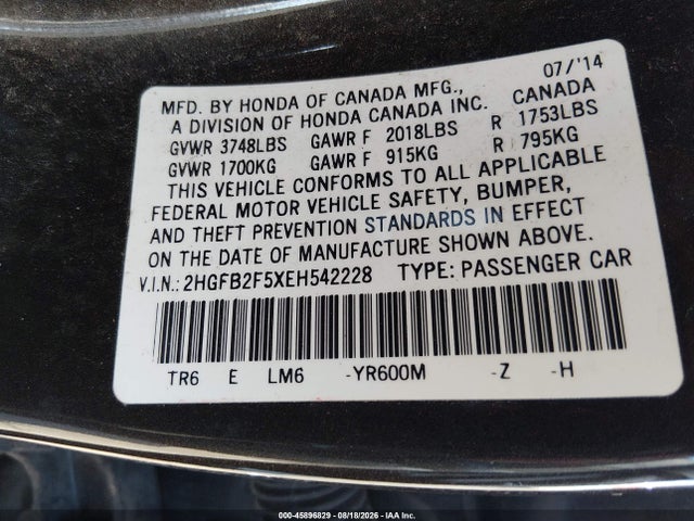 2014 Honda Civic Lx მანქანა იყიდება აუქციონზე, vin: 2HGFB2F5XEH542228, აუქციონის ნომერი: 45896829
