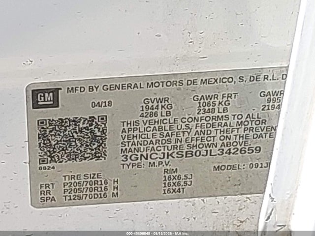 2018 Chevrolet Trax Ls მანქანა იყიდება აუქციონზე, vin: 3GNCJKSB0JL342659, აუქციონის ნომერი: 45896848