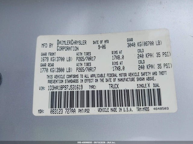 Продажа на аукционе авто 2007 Dodge Ram 1500 Slt, vin: 1D3HA18P97J531619, номер лота: 45896850