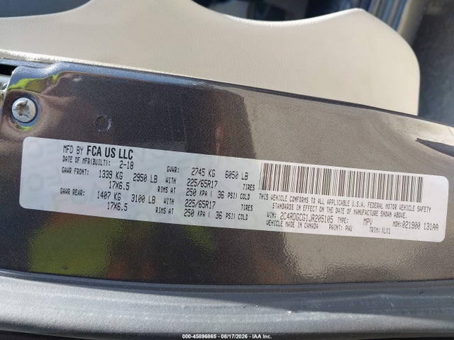 Продажа на аукционе авто 2018 Dodge Grand Caravan Sxt, vin: 2C4RDGCG1JR205105, номер лота: 45896865
