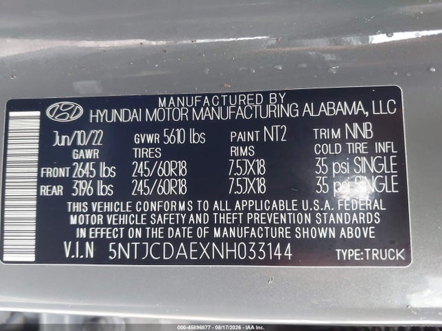2022 Hyundai Santa Cruz Sel მანქანა იყიდება აუქციონზე, vin: 5NTJCDAEXNH033144, აუქციონის ნომერი: 45896877