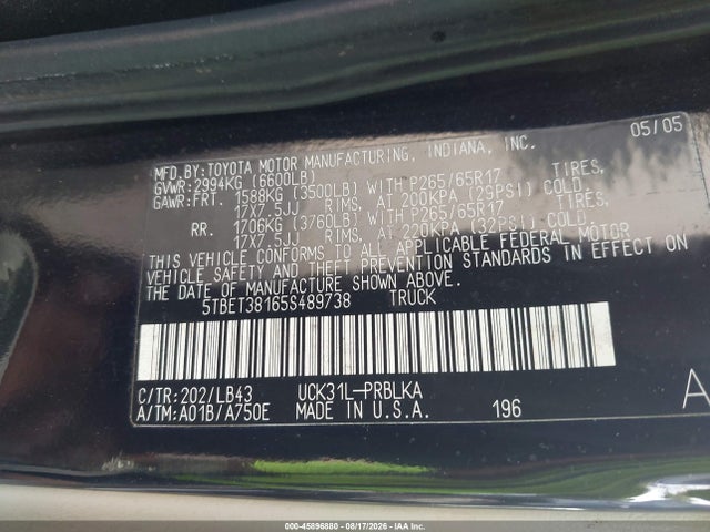 Продаж на аукціоні авто 2005 Toyota Tundra Limited V8, vin: 5TBET38165S489738, номер лоту: 45896880