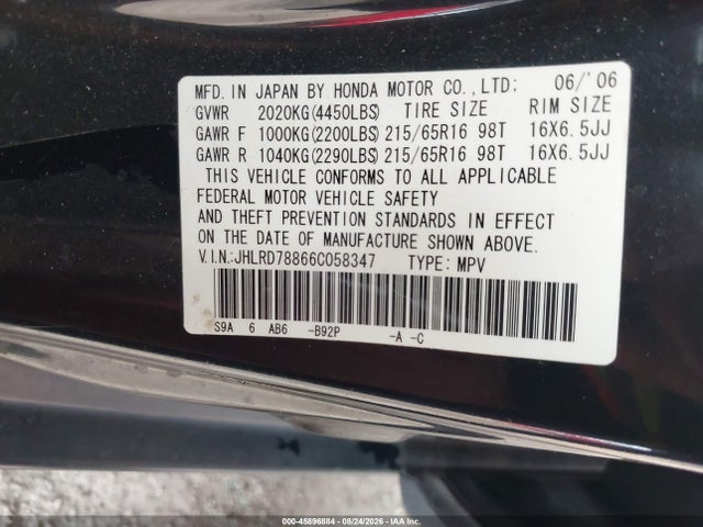 Aukcja sprzedaży 2006 Honda Cr-v Ex, vin: JHLRD78866C058347, numer aukcji: 45896884