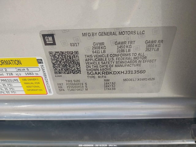 45896886 :رقم المزاد ، 5GAKRBKDXHJ313560 vin ، 2017 Buick Enclave Leather مزاد بيع