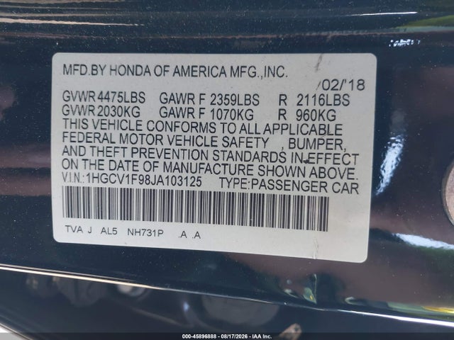 Honda Accord Touring 2018 1HGCV1F98JA103125 Image 9