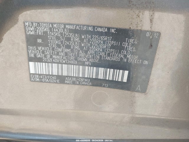Aukcja sprzedaży 2012 Toyota Rav4, vin: 2T3ZF4DV1CW134809, numer aukcji: 45896889