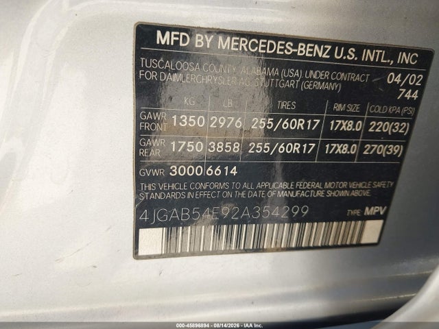 Продажа на аукционе авто 2002 Mercedes-benz Ml 320, vin: 4JGAB54E92A354299, номер лота: 45896894
