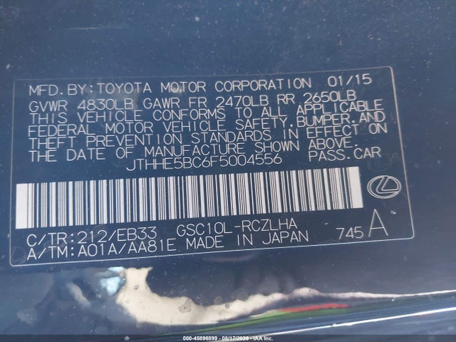 2015 Lexus Rc 350 მანქანა იყიდება აუქციონზე, vin: JTHHE5BC6F5004556, აუქციონის ნომერი: 45896899