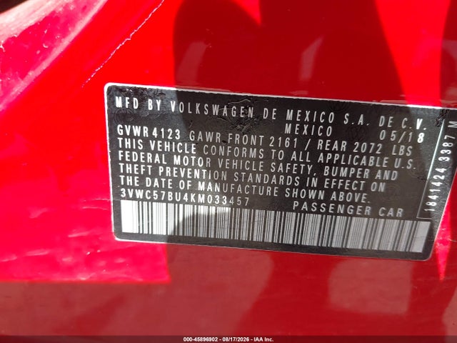 Продажа на аукционе авто 2019 Volkswagen Jetta 1.4t R-line/1.4t S/1.4t Se, vin: 3VWC57BU4KM033457, номер лота: 45896902