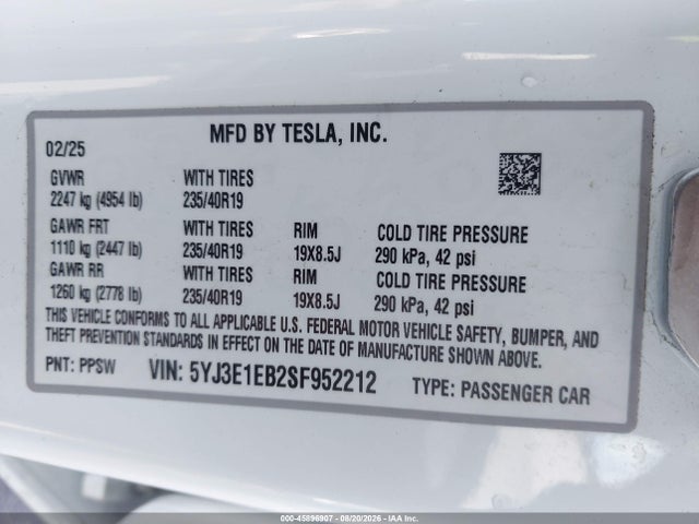 45896907 :رقم المزاد ، 5YJ3E1EB2SF952212 vin ، 2025 Tesla Model 3 Long Range All-wheel Drive مزاد بيع