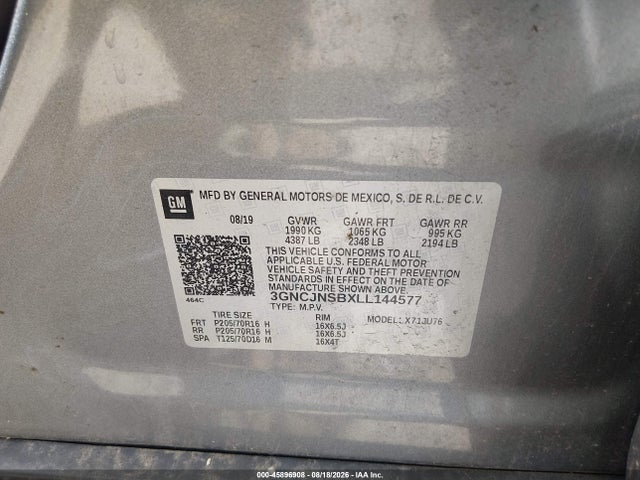 Auction sale of the 2020 Chevrolet Trax Awd Ls, vin: 3GNCJNSBXLL144577, lot number: 45896908