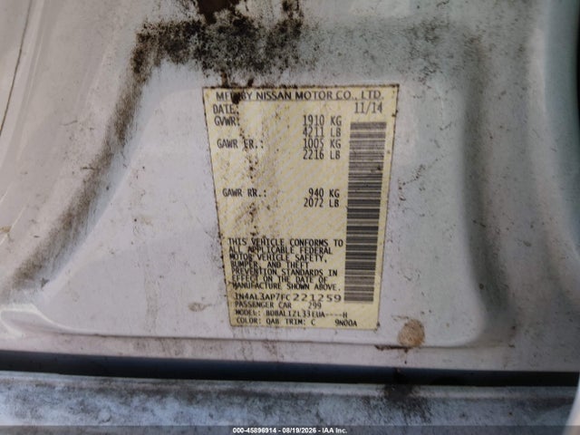 2015 Nissan Altima 2.5 Sv მანქანა იყიდება აუქციონზე, vin: 1N4AL3AP7FC221259, აუქციონის ნომერი: 45896914