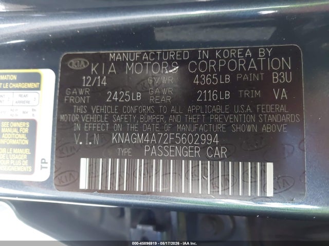 KIA Optima Lx 2015 KNAGM4A72F5602994 Image 9