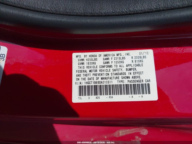 45896928 :رقم المزاد ، 1HGCT1B89DA010511 vin ، 2013 Honda Accord Ex-l مزاد بيع