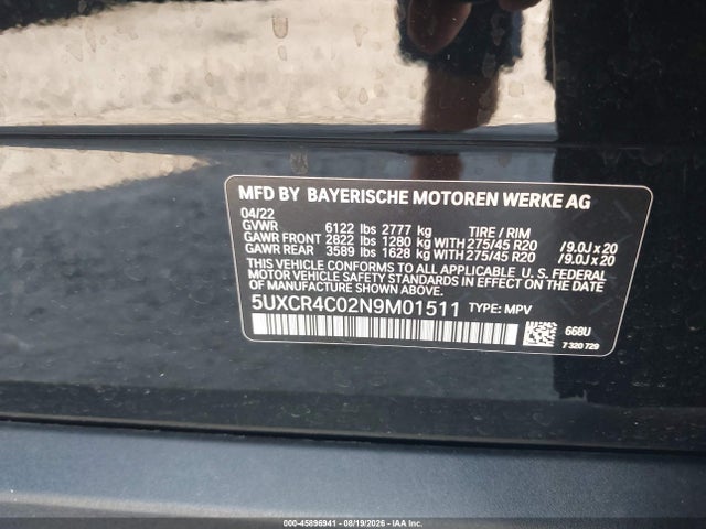 45896941 :رقم المزاد ، 5UXCR4C02N9M01511 vin ، 2022 Bmw X5 Sdrive40i مزاد بيع
