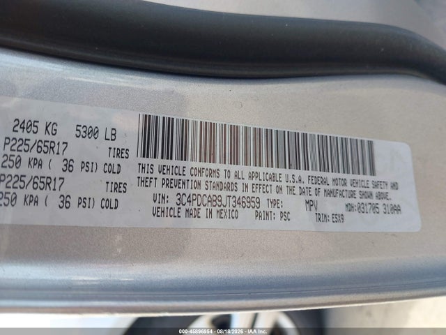 Auction sale of the 2018 Dodge Journey Se, vin: 3C4PDCAB9JT346959, lot number: 45896954