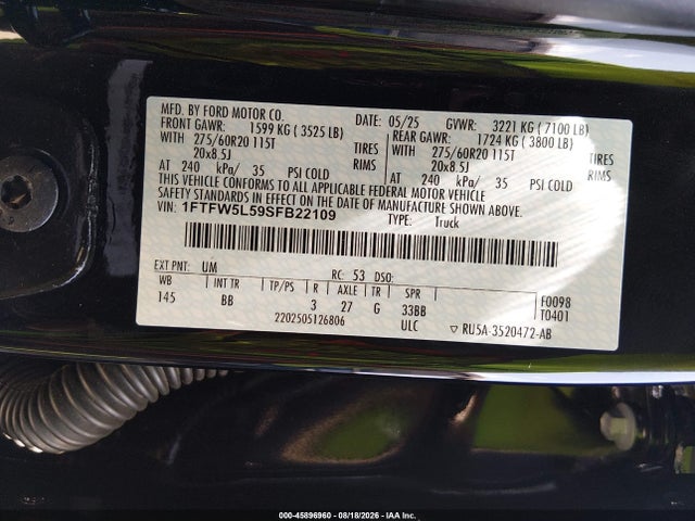 Aukcja sprzedaży 2025 Ford F-150 Lariat, vin: 1FTFW5L59SFB22109, numer aukcji: 45896960